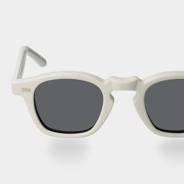 TBD Eyewear Cord White sunglasses with grey lenses, featuring a sleek white frame made from sustainable bio-acetate, handmade in Italy