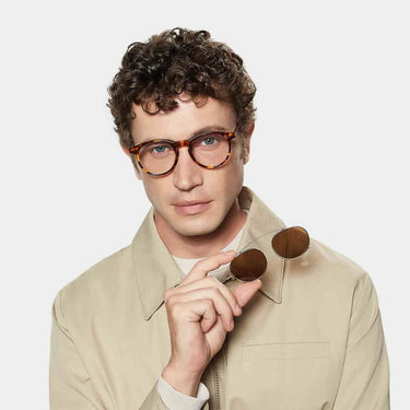 Vintage round tortoise eyewear with clip-on: Pleat TBD Eyewear