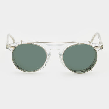 sunglasses pleat eco transparent silver bottle green sustainable tbd eyewear front handcrafted in Italy
